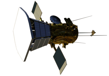 Digital model of a spacecraft with a bus attached to a larger sun-shield. Two small solar panels are attached to the side of the bus, along with four rear-facing antennas.