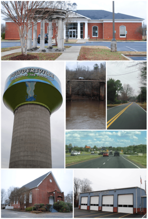 Top, left to right: Powdersville Branch Library, water tower, Saluda River, Powdersville Main, Highway 153, Bethesda Church, Powdersville Volunteer Fire Department