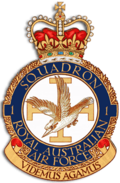 Crest of 1 Squadron, Royal Australian Air Force, featuring a diving kookaburra before the Jerusalem cross, and the motto "Videmus Agamus"