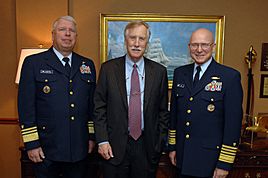 U.S. Coast Guard Adm. Robert J. Papp Jr., right, commandant of the Coast Guard, and Vice Adm. John P. Currier, left, vice commandant of the Coast Guard, pose for a photograph with Sen. Angus S. King Jr 130423-G-OY189-019