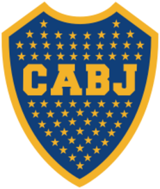 A Blue shield with a golden border. Inside the shield, 67 stars inside the shield with the golden letters "CABJ" (meaning "Club Atlético Boca Juniors") printed around the center, separating the stars