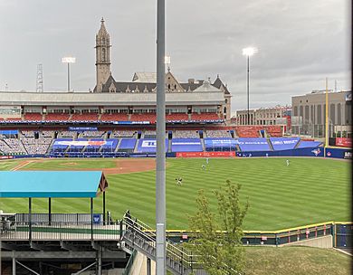 Sahlen Field, Buffalo, New York, with Blue Jays branding and players warming up - August 2020