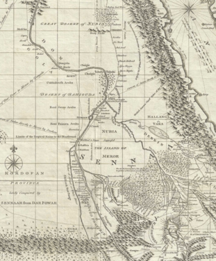 Sultanate of Sennar on map by James Bruce