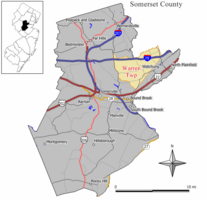 Location of Warren Township in Somerset County highlighted in yellow (right). Inset map: Location of Somerset County in New Jersey highlighted in black (left).  <mapframe text="Interactive map of Warren Township, New Jersey" zoom="8" width="250" height="250"> {   "type": "ExternalData",   "service": "geoshape",   "ids": "Q367280" } </mapframe>