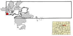 Location of the Berkley CDP in Adams County, Colorado.