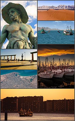 From top, left to right: Camaronero Monument, View of the Gran Desierto de Altar from Puerto Peñasco, Puerto Peñasco fishing vessels, Plaza Gobernadores, Aerial view of Puerto Penasco, Boats in the Puerto Peñasco fishing harbor, Skyline view at sunset