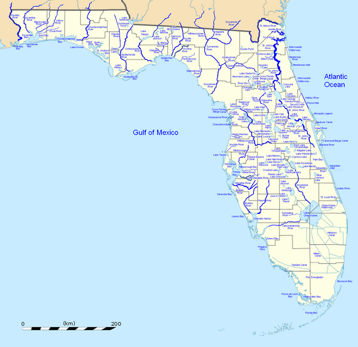 High resolution map of the state of Florida with all major waterways