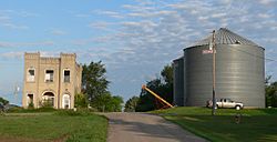 Wayne County Bank building and grain bins in Sholes, July 2010