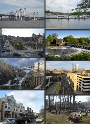 Clockwise from top: the original Tappan Zee Bridge and replacement; Mamaroneck Harbor; Philipsburg Manor; downtown White Plains; downtown Scarsdale; shops in Katonah; the New Croton Dam; Larkin Plaza in Yonkers