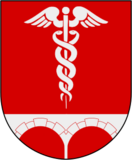 Gules, a bridge argent surmounted by a caduceus argent.