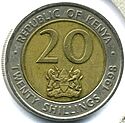 Face of coin showing figure 20 and the coat of arms of Kenya, surrounded by the words REPUBLIC OF KENYA, TWENTY SHILLINGS