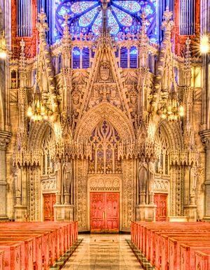 Carved limestone screen in rear of Nave, Sacred Heart Cathedral, Newark