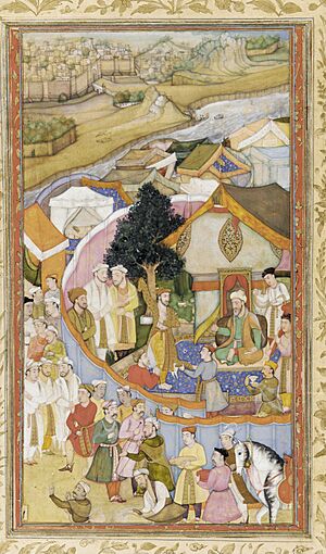 Attributed to Hiranand - Illustration from a Dictionary (unidentified)- Da'ud Receives a Robe of Honor from Mun'im Khan - Google Art Project