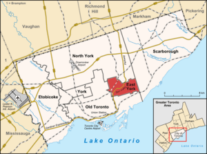 Location of East York (red) compared to the rest of Toronto.