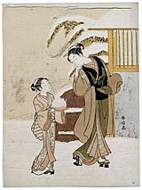 Young Woman Admiring a Snow Rabbit (Harunobu)