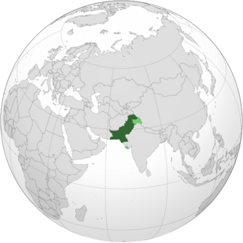 Land controlled by Pakistan shown in dark green; land claimed but not controlled shown in light green (see Kashmir conflict and Annexation of Junagadh)