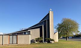 Concrete and stained-glass building