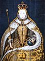 Coronation portrait of Elizabeth I in a gold robe trimmed with ermine. She wears a crown and holds a gold sceptre in her right hand and a blue orb in her left.