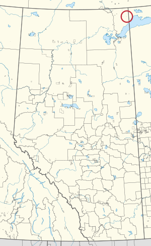 A map of the province of Alberta showing 80 counties and 145 small Indian reserves. One is highlighted with a red circle.