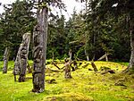 Wooden totem poles in a forest