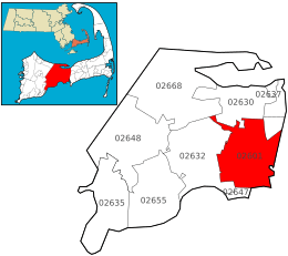 Location of ZIP code 02601 Hyannis within the Town of Barnstable, county, and state