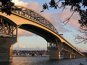 Auckland Harbour Bridge With Flag