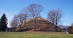 A grass-covered mound surrounded and topped by trees and surrounded by a fence.