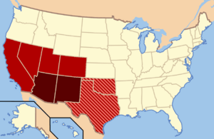 Though regional definitions vary from source to source, Arizona and New Mexico (in dark red) are almost always considered the core, modern-day Southwest. The brighter red and striped states may or may not be considered part of this region. The brighter red states (California, Colorado, Nevada, and Utah) are also classified as part of the West by the U.S. Census Bureau, though the striped states are not; Oklahoma and Texas are classified as part of the South.
