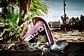 Boat stuck in ground at the ghost town Marina of Salton Sea