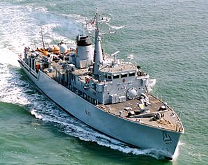 HMS Quorn is pictured as she departs from Portsmouth. MOD 45139064