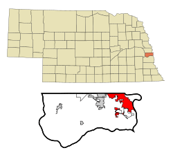 Location of Bellevue within Nebraska and Sarpy County