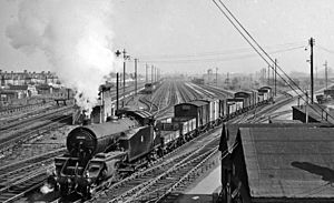 Feltham Marshalling Yard, with SR 4-8-0T shunting geograph-2638685-by-Ben-Brooksbank