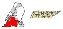 Location of Chattanooga in Hamilton County, Tennessee