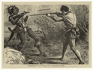 ChamberlaineandPaugusAtLovewellsFightEngraving from John Gilmary Shea A Child's History of the United StatesHess and McDavitt 1872