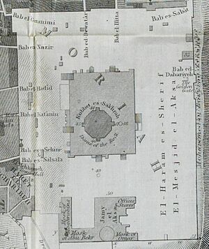 Mesjid el-Aksa and Jami el-Aksa in the 1841 Aldrich and Symonds map of Jerusalem (cropped)