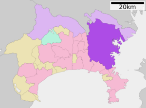 Map of Kanagawa Prefecture with Yokohama highlighted in purple