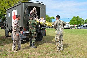 Members of the Latvian Zemessardze or National Guard 45th Logistics Battalion, remove a volunteer patient from a military ambulance in a field