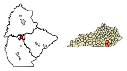 Location of Corbin in Whitley County, Kentucky.