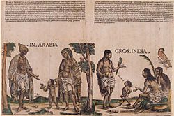 alt=Natives of Arabia and India, 1508, handcolored woodcut, 27.2 X 41.2 cm. Freiherrlich von Welserschen Familienstiftung, Neunhof (artwork in the public domain; photograph copyright Freiherrlich v. Welserschen) Familienstiftun