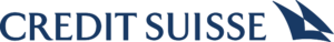 Blue words "Credit Suisse", with two overlapping solid-blue sails. The overlapping part is white.