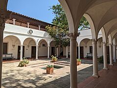 View into Eucalyptus Court in Balch Hall at Scripps College