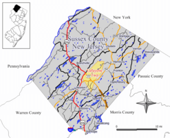 Map of Lafayette Township in Sussex County. Inset: Location of Sussex County highlighted in the State of New Jersey.