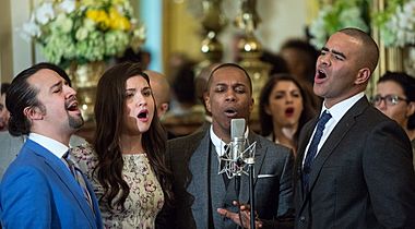 Lin-Manuel Miranda, Phillipa Soo, Leslie Odom, Jr., and Christopher Jackson, White House, March 2016