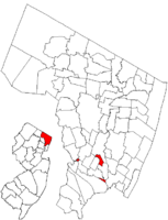 Location of South Hackensack in Bergen County highlighted in red (right). Inset map: Location of Bergen County in New Jersey highlighted in red (left).