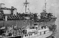 86th division troops arriving at New York are met by the "Welcome Home" boat