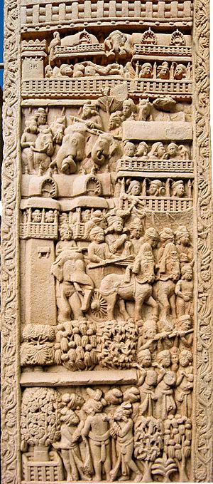 Procession of king Suddhodana from Kapilavastu in full Sanchi Stupa 1 Eastern Gateway