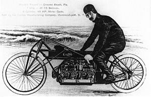 Glenn Curtiss on his V-8 motorcycle, Ormond Beach, Florida 1907