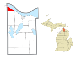 Location within Cheboygan County (red) and a portion of the administered village of Mackinaw City (pink)