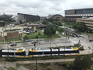 Stadium Village includes multiple stadiums and the Green Line light rail.