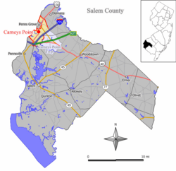 Map of Carneys Point CDP in Salem County. Inset: Location of Salem County in New Jersey.